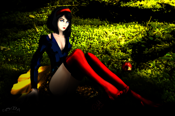 Anime picture 9000x5960 with original snow white oscarsama single highres short hair breasts blue eyes black hair sitting signed absurdres no shoes lipstick red lipstick girl thighhighs dress tree (trees) hairband
