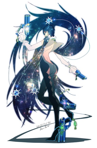 Anime picture 674x1024 with bayonetta bayonetta (character) kara ikuko namaqo k single tall image short hair blue eyes light erotic simple background standing white background signed blue hair full body looking back from behind wide sleeves shadow high heels