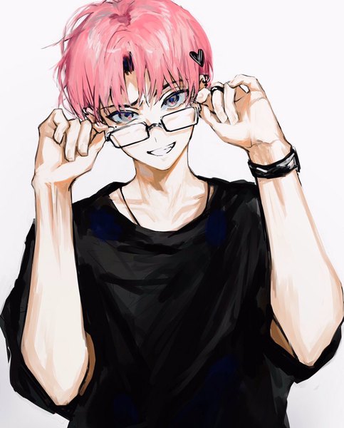 Anime picture 824x1024 with original suechiee single tall image looking at viewer short hair simple background smile white background pink hair upper body grey eyes grin adjusting glasses boy hair ornament glasses heart hair ornament