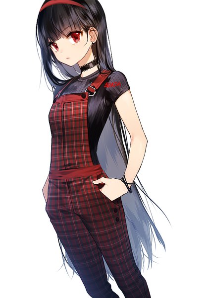 Anime picture 700x1000 with original sorolp single tall image looking at viewer fringe black hair simple background red eyes signed blunt bangs very long hair hands in pockets plaid girl earrings choker bracelet headband t-shirt