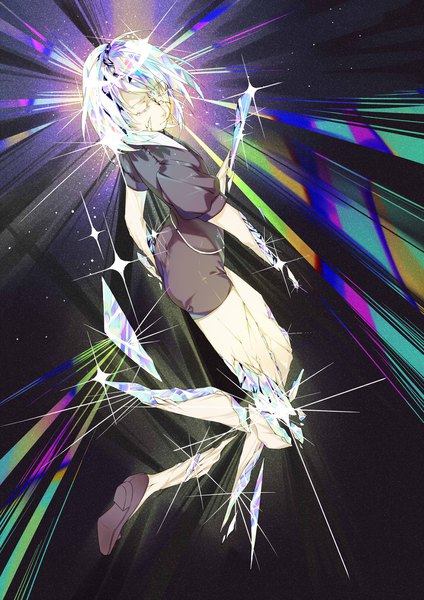 Anime picture 1448x2048 with houseki no kuni diamond (houseki no kuni) kagari6496 single tall image short hair silver hair full body eyes closed sparkle puffy sleeves androgynous amputee shoes