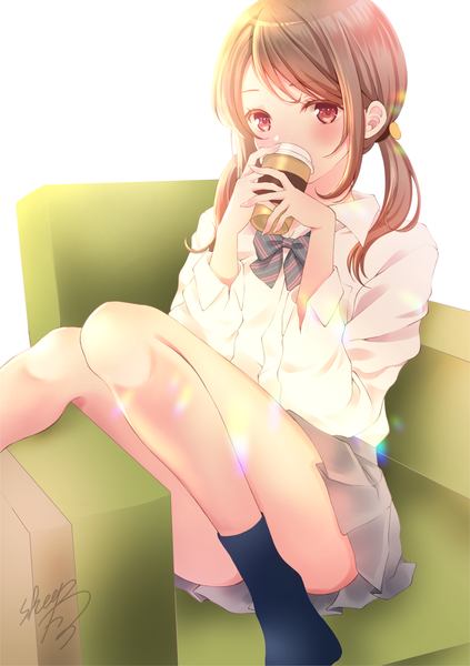 Anime picture 1500x2125 with original sheepd single long hair tall image looking at viewer blush light erotic red eyes brown hair sitting twintails signed low twintails drinking convenient leg girl uniform school uniform armchair