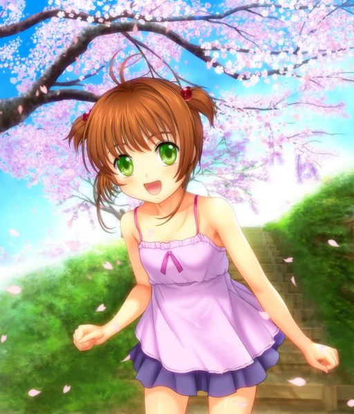 Anime picture 853x1000 with card captor sakura clamp kinomoto sakura mutsuki (moonknives) single tall image looking at viewer blush short hair open mouth brown hair green eyes loli two side up cherry blossoms girl dress plant (plants) petals tree (trees)