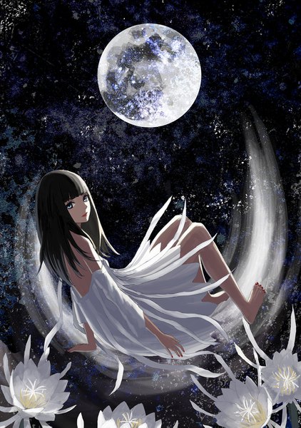 Anime picture 1000x1421 with original menka single long hair tall image looking at viewer fringe blue eyes black hair bare shoulders bent knee (knees) blunt bangs barefoot night bare legs night sky lipstick red lipstick girl dress