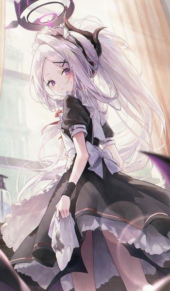 Anime-Bild 1100x1887 mit blue archive hina (blue archive) meoyo single long hair tall image fringe standing purple eyes holding silver hair ponytail indoors looking back horn (horns) from behind sunlight from below short sleeves maid