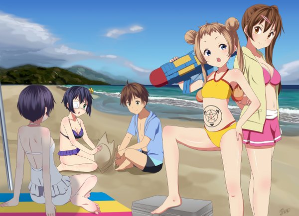 Anime picture 1228x889 with chuunibyou demo koi ga shitai! kyoto animation takanashi rikka nibutani shinka dekomori sanae tsuyuri kumin togashi yuuta fukuyama jun kuri youkan (artist) long hair fringe short hair blue eyes light erotic black hair brown hair multiple girls brown eyes green eyes bare belly