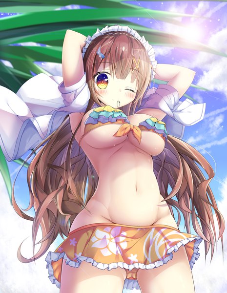 Anime picture 2500x3225 with original maritaki single long hair tall image looking at viewer blush fringe highres breasts light erotic smile hair between eyes brown hair large breasts standing holding yellow eyes sky cleavage