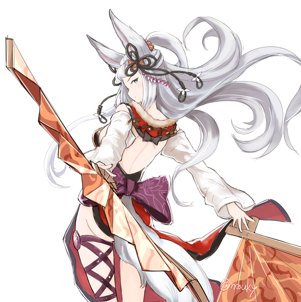 Anime picture 1200x1204 with granblue fantasy socie (granblue fantasy) nosuku single long hair tall image looking at viewer breasts blue eyes light erotic simple background white background signed animal ears silver hair ass tail very long hair traditional clothes japanese clothes