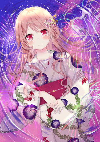 Anime picture 750x1059 with original nibosi single long hair tall image looking at viewer blush blonde hair smile red eyes traditional clothes japanese clothes tears floral print reflection fireworks afloat girl hair ornament obi