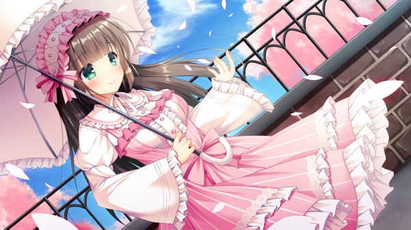 Anime picture 1280x717 with original fujikura ryuune single long hair blush fringe smile brown hair wide image green eyes looking away sky blunt bangs cherry blossoms frilled dress lolita fashion spring girl dress petals