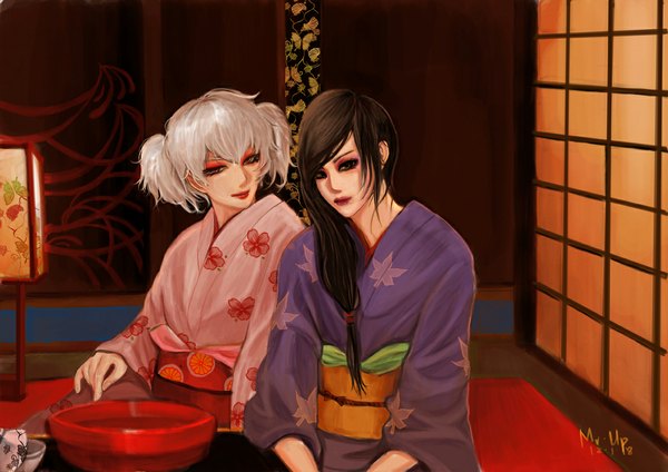 Anime-Bild 1190x842 mit gintama sunrise (studio) sakata gintoki katsura kotarou paako zurako mr.up long hair looking at viewer short hair red eyes brown hair sitting twintails brown eyes signed silver hair japanese clothes lipstick short twintails