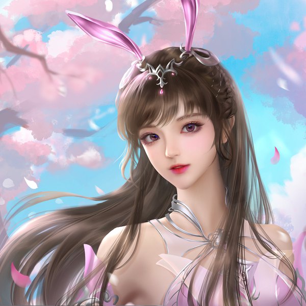 Anime picture 1844x1844 with douluo continent xiao wu a er xd single long hair looking at viewer fringe highres brown hair bare shoulders brown eyes animal ears upper body parted lips lips bunny ears girl hair ornament petals
