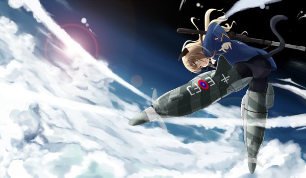 Anime picture 2500x1458 with strike witches perrine h clostermann kachigawa (artist) long hair highres blue eyes light erotic blonde hair wide image animal ears sky cloud (clouds) cat ears cat tail girl weapon glasses sun