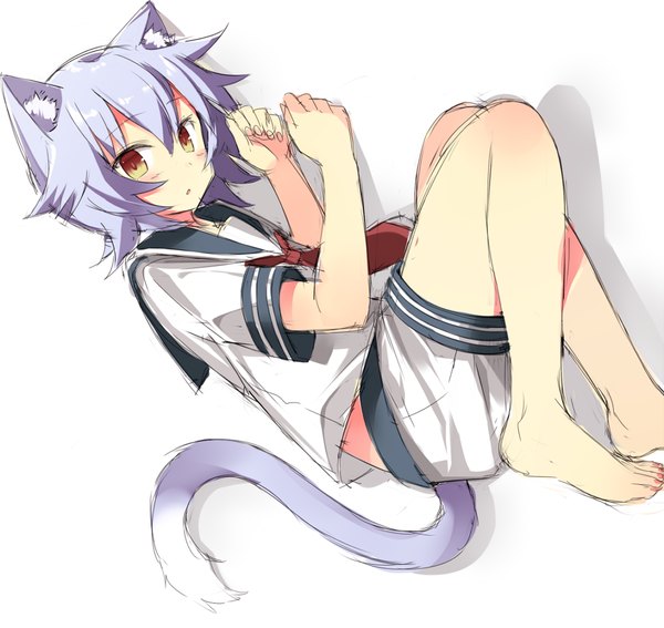 Anime picture 952x900 with kantai collection tama light cruiser kuhotaka single looking at viewer blush short hair simple background white background brown eyes animal ears blue hair tail lying animal tail barefoot cat ears cat tail kemonomimi mode girl
