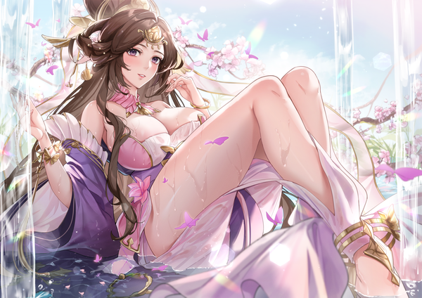 Anime picture 1637x1158 with original nu10040904 single long hair looking at viewer blush fringe breasts light erotic brown hair large breasts sitting purple eyes cleavage bent knee (knees) outdoors braid (braids) traditional clothes parted lips fingernails