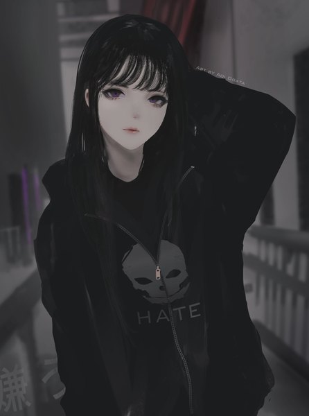 Anime picture 1190x1600 with original hate-chan (aoi ogata) aoi ogata single long hair tall image looking at viewer fringe black hair purple eyes head tilt lips arm behind head eyeshadow clothes writing girl jacket zipper