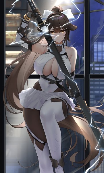 Anime-Bild 2689x4459 mit azur lane takao (azur lane) takao (divine exorcist's blade) (azur lane) qing wu single tall image looking at viewer fringe highres breasts light erotic hair between eyes brown hair large breasts standing bare shoulders holding yellow eyes cleavage ponytail