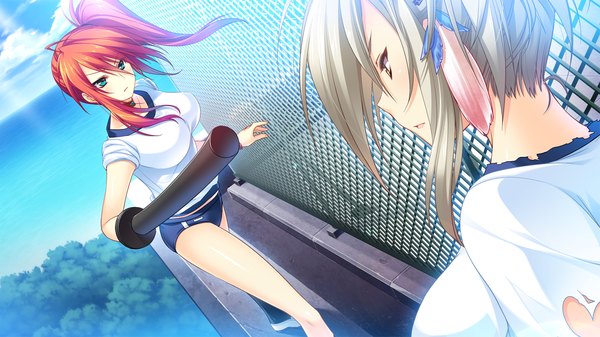 Anime picture 1280x720 with tsuyokiss next long hair blue eyes wide image multiple girls brown eyes game cg ponytail red hair grey hair side ponytail girl uniform 2 girls gym uniform