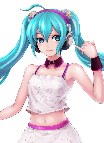 Anime picture 2279x3111 with vocaloid redial (vocaloid) hatsune miku mappung-gun (mhg0106) single long hair tall image blush highres blue eyes twintails blue hair looking away light smile bare belly transparent background cropped girl skirt navel