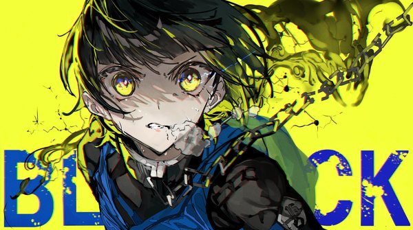Anime picture 6336x3541 with blue lock bachira meguru mura karuki single highres short hair black hair simple background wide image yellow eyes absurdres upper body copyright name shaded face yellow background boy chain