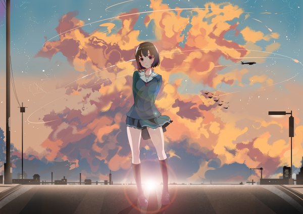Anime picture 3507x2480 with saenai heroine no sodatekata a-1 pictures katou megumi lucky (1045044604) single looking at viewer blush fringe highres short hair brown hair standing absurdres sky cloud (clouds) outdoors pleated skirt sunlight evening sunset