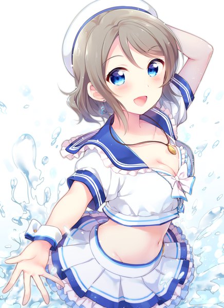 Anime picture 1200x1648 with love live! sunshine!! sunrise (studio) love live! watanabe you hazuki (sutasuta) single tall image looking at viewer blush short hair breasts open mouth blue eyes light erotic simple background smile standing white background cleavage :d