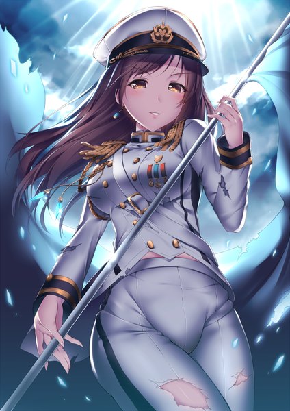 Anime picture 723x1023 with idolmaster idolmaster cinderella girls nitta minami yomono single long hair tall image looking at viewer blush breasts open mouth light erotic smile brown hair large breasts standing holding brown eyes cloud (clouds) long sleeves