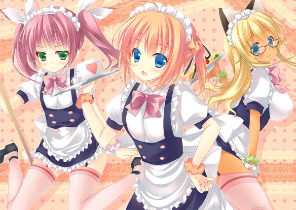 Anime picture 1200x853 with mayo chiki! feel (studio) konoe subaru usami masamune narumi nakuru mitsu king long hair blush blue eyes blonde hair twintails multiple girls green eyes animal ears pink hair cat ears orange hair maid hand on hip girl