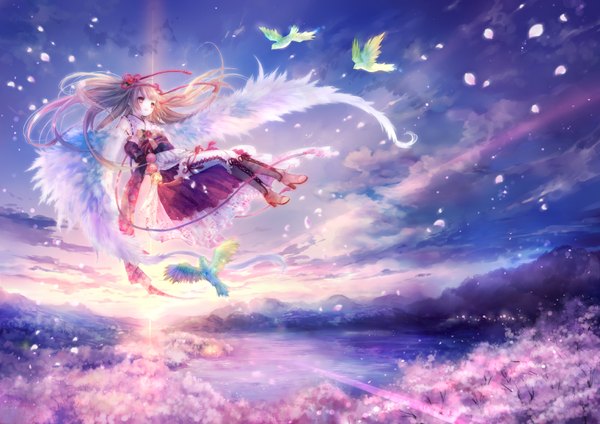Anime-Bild 1600x1132 mit original onineko single long hair smile brown eyes sky cloud (clouds) japanese clothes hair flower cherry blossoms evening sunset flying landscape angel wings scenic angel panorama girl