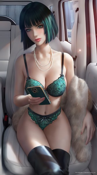Anime picture 3900x7000 with one-punch man madhouse fubuki (one-punch man) wickellia single tall image looking at viewer blush fringe highres short hair breasts light erotic large breasts sitting holding green eyes absurdres blunt bangs head tilt