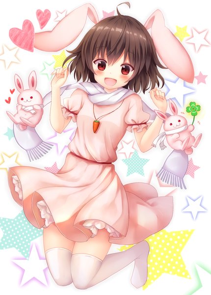 Anime picture 2165x3020 with touhou inaba tewi suigetsu (watermoon-910) single tall image looking at viewer blush highres short hair open mouth smile red eyes brown hair white background animal ears ahoge :d arms up short sleeves bunny ears