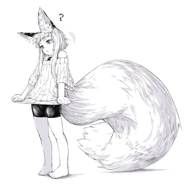 Anime picture 2000x2000 with original jaco single highres short hair simple background standing white background bare shoulders animal ears tail animal tail barefoot bare legs no shoes fox ears fox tail fox girl monochrome ?