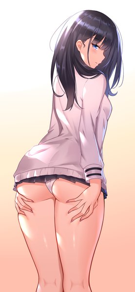 Anime picture 956x2066 with gridman universe ssss.gridman studio trigger takarada rikka black fire (peter02713) single long hair tall image looking at viewer blush fringe blue eyes light erotic black hair simple background hair between eyes standing ass profile looking back