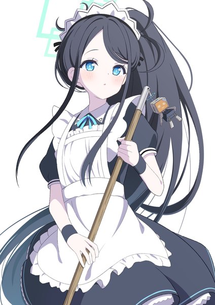 Anime picture 1191x1684 with blue archive aris (blue archive) aris (maid) (blue archive) zundamochi (sera) single tall image blush blue eyes black hair simple background white background looking away very long hair maid official alternate costume side ponytail girl uniform headdress maid headdress