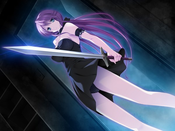 Anime picture 1600x1200 with soushinjutsu mobius yukirin single long hair blue eyes light erotic game cg purple hair ponytail pantyshot girl dress weapon sword