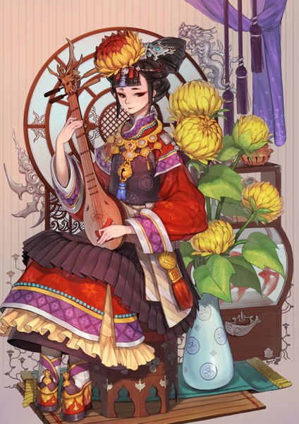 Anime picture 1060x1500 with original racoona single tall image looking at viewer short hair black hair sitting brown eyes traditional clothes japanese clothes light smile girl hair ornament flower (flowers) earrings