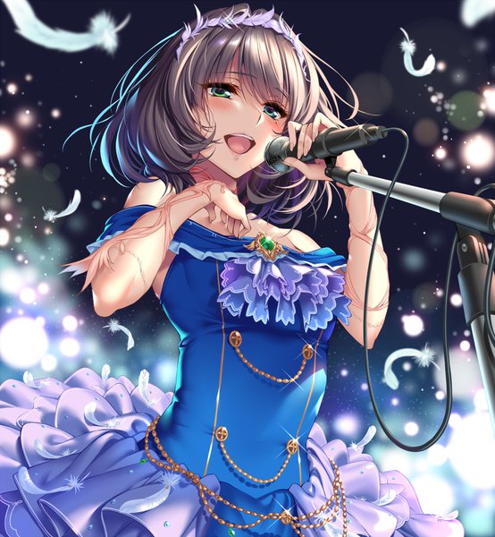 Anime picture 1464x1584 with idolmaster idolmaster cinderella girls takagaki kaede piromizu single tall image blush short hair open mouth blue eyes holding green eyes looking away green hair mole sparkle mole under eye heterochromia double buttons singing