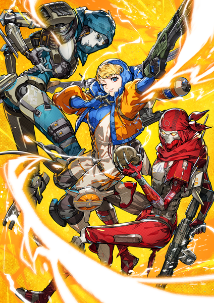 Anime picture 1765x2500 with apex legends wattson (apex legends) ash (titanfall 2) revenant (apex legends) mika pikazo tall image looking at viewer highres short hair blue eyes blonde hair multiple girls one eye closed wink official art yellow background girl boy weapon 2 girls