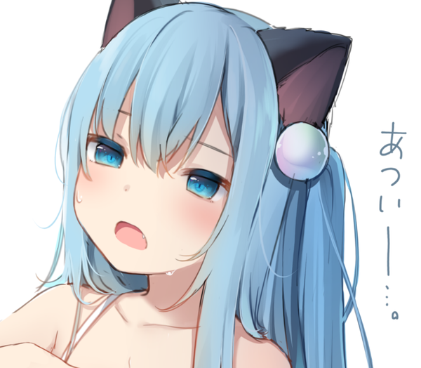 Anime picture 900x786 with original nekoha shizuku nachi single long hair looking at viewer blush fringe open mouth blue eyes simple background hair between eyes white background bare shoulders animal ears payot blue hair upper body cat ears inscription