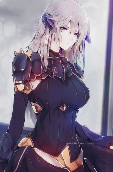 Anime picture 2300x3500 with original eulalia emvesser aoi ogata single long hair tall image looking at viewer fringe highres breasts hair between eyes large breasts standing purple eyes payot silver hair horn (horns) girl gloves black gloves