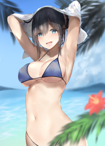 Anime picture 1323x1840 with original araido kagiri single long hair tall image looking at viewer fringe breasts open mouth blue eyes light erotic black hair hair between eyes large breasts bare shoulders payot sky cloud (clouds) outdoors :d
