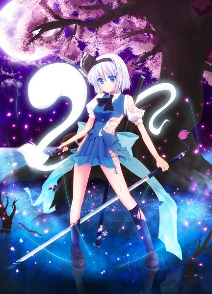 Anime picture 1152x1600 with touhou konpaku youmu myon fule single tall image short hair blue eyes white hair night torn clothes cherry blossoms ghost girl skirt weapon plant (plants) petals sword tree (trees)