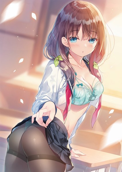 Anime picture 1433x2024 with original miwabe sakura single long hair tall image looking at viewer blush fringe breasts blue eyes light erotic brown hair large breasts twintails cleavage ass indoors parted lips looking back open clothes