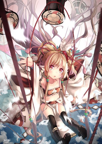 Anime picture 1003x1416 with granblue fantasy mahira (granblue fantasy) saraki single tall image blush fringe open mouth blonde hair sitting bare shoulders signed very long hair pointy ears wide sleeves arm support bare belly :o loli outstretched arm