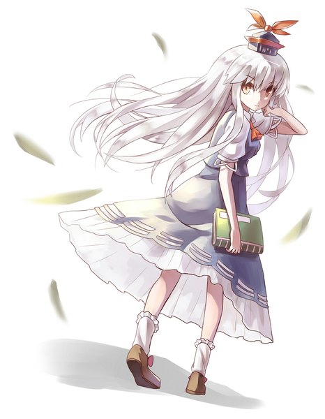 Anime picture 900x1158 with touhou kamishirasawa keine kamiljm single long hair tall image looking at viewer fringe standing holding brown eyes white hair from behind shadow back frilly skirt girl skirt socks book (books)