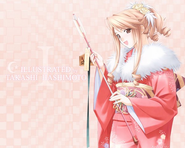 Anime picture 1280x1024 with original hashimoto takashi single long hair looking at viewer open mouth blonde hair brown eyes signed traditional clothes japanese clothes inscription drill hair checkered checkered background girl kimono arrow (arrows) fur-trimmed kimono hamaya