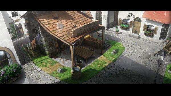 Anime picture 1500x843 with unidcolor wide image from above cityscape no people street broken alley flower (flowers) plant (plants) water shoes building (buildings) grass chair table lantern clothes stone (stones) lamppost