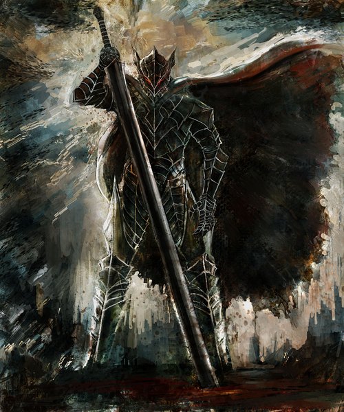 Anime picture 1500x1800 with berserk guts bccp single tall image red eyes boy weapon sword armor cape helmet huge weapon gauntlets