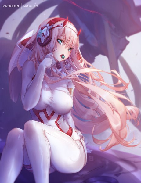 Anime picture 739x960 with darling in the franxx studio trigger zero two (darling in the franxx) mitsu (mitsu art) single long hair tall image looking at viewer fringe breasts light erotic hair between eyes large breasts sitting holding signed pink hair horn (horns) aqua eyes mouth hold