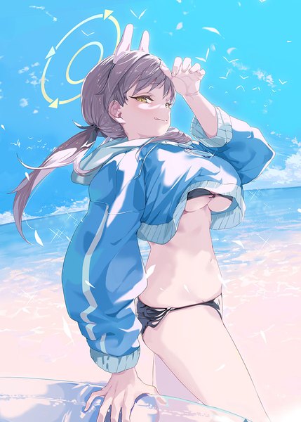 Anime picture 800x1119 with blue archive moe (blue archive) moe (swimsuit) (blue archive) ohland single long hair tall image breasts light erotic brown hair twintails animal ears yellow eyes sky outdoors arm up low twintails official alternate costume underboob fake animal ears